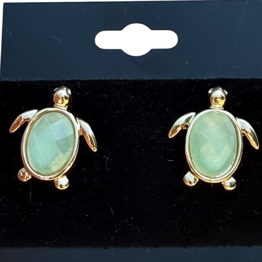 MONET Sea Turtle Post Earrings Aqua Minet Faceted Glass Gold Tone Modern Beach - Picture 6 of 7